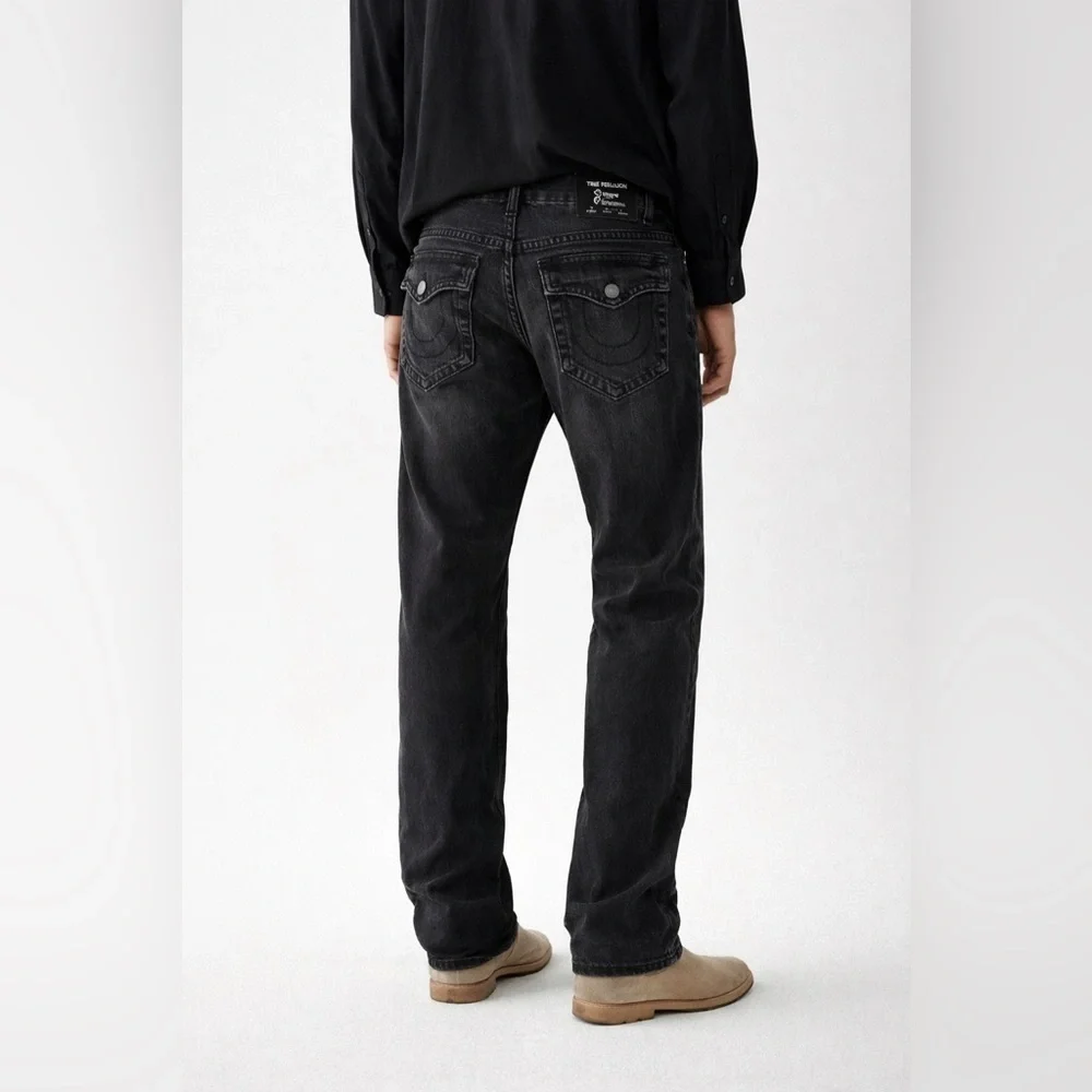 True Religion Mens Black Ricky Relaxed Fit Straight Leg Jeans Sz 32 Flap Pocket